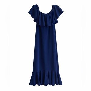 LuLaRoe CiCi Blue Ruffle Dress Size L NWT Off Shoulder Midi